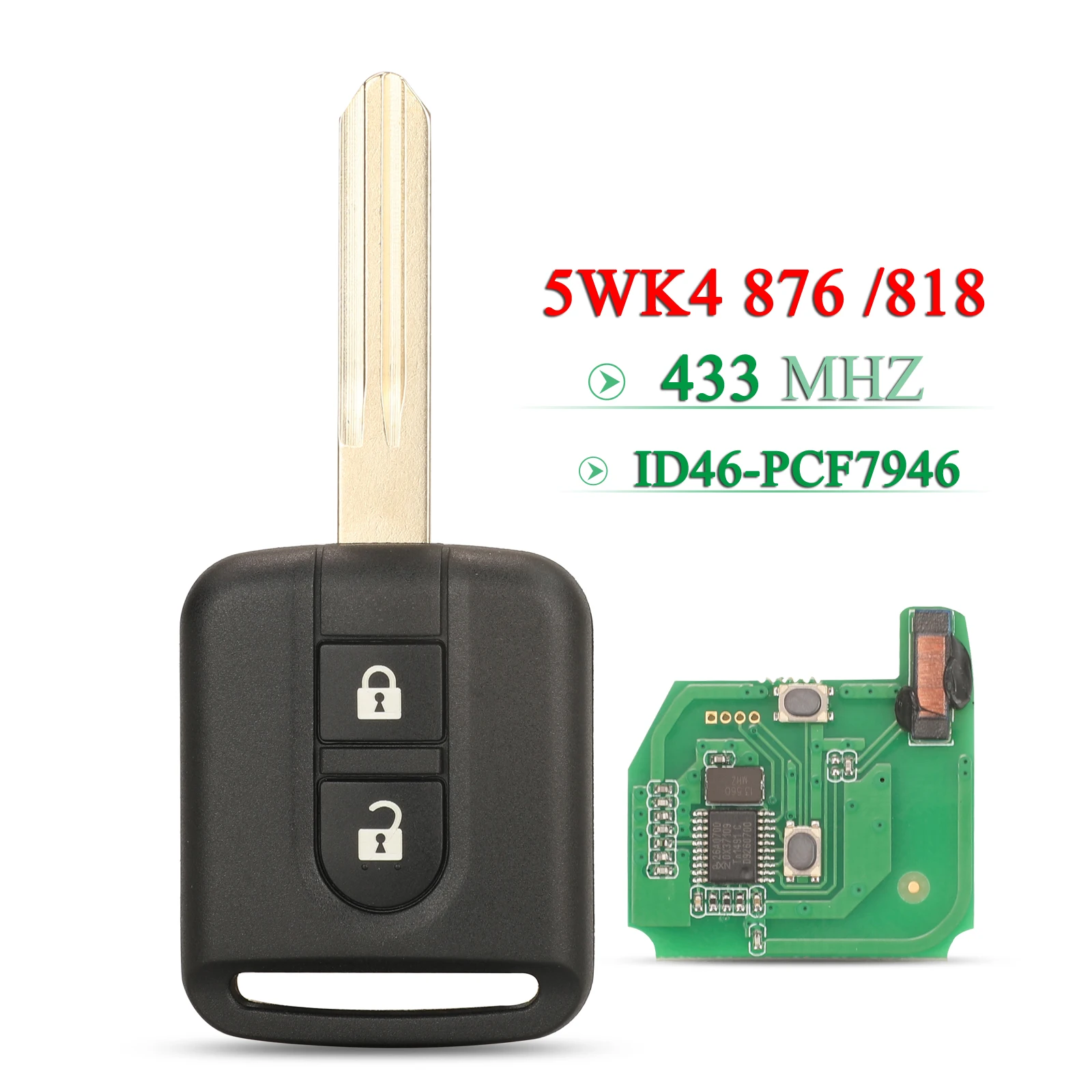 

Jingyuqin 2 кнопки 5WK4 876/818 для Nissan Elgrand X-TRAIL Qashqai Navara Micra Note NV200 id46 PCF7946 автомобильный дистанционный ключ 433 МГц