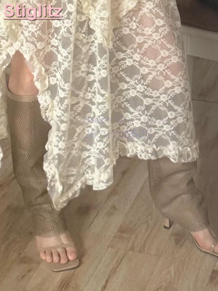 Retro Khaki Mesh Knee-high Sandals Square Toe Back Zipper Stiletto Heeled Pants Boots 2026 Summer New Breathable Women Shoes
