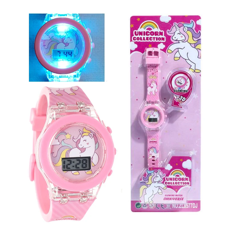 Cartoon unicorn Children Watches for kids Collection Digital Electronic Flash Glow Up Light Colourful mickey mouse Girls Clock