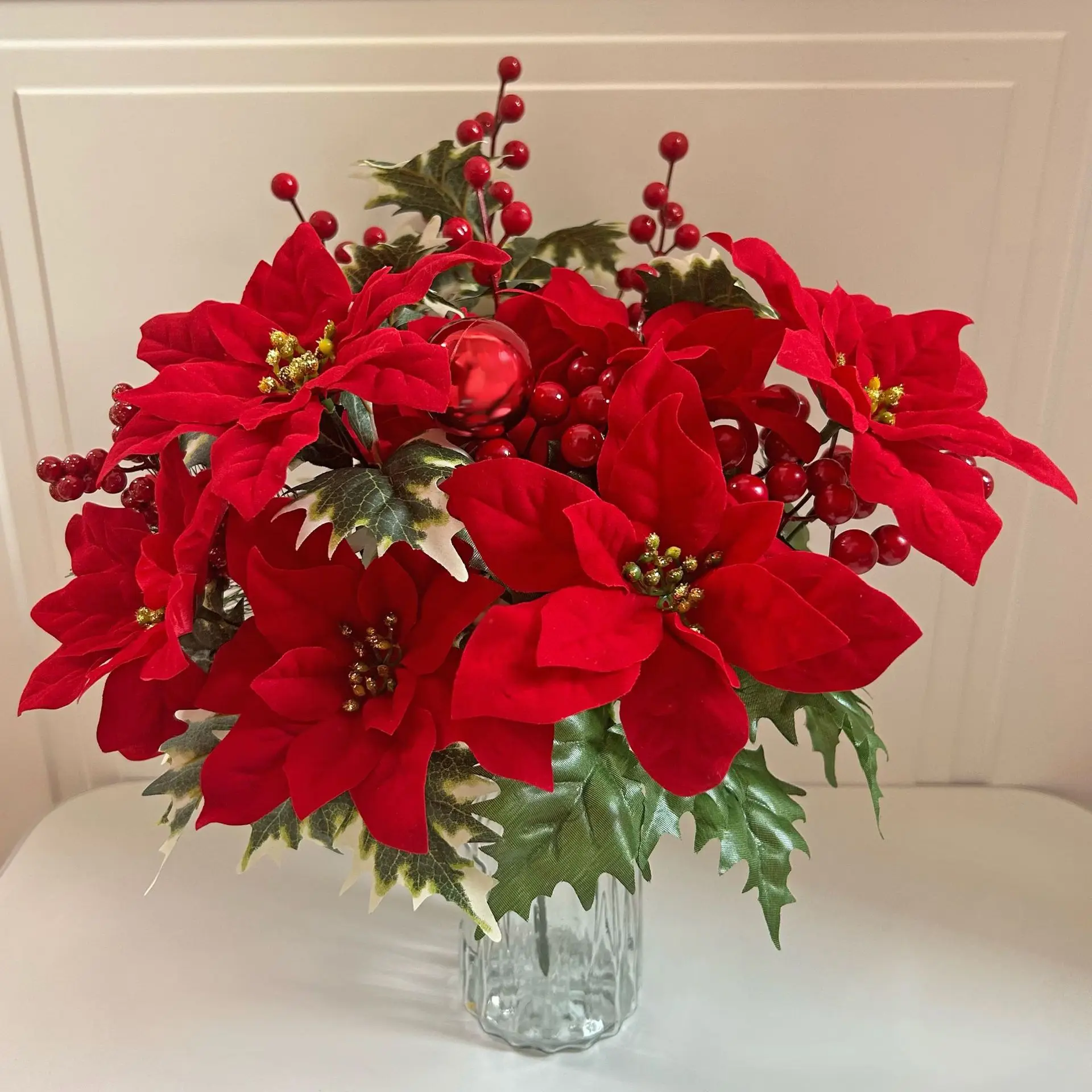 1-3 pièces bouquet de simulation de noël poinsettia flanelle tête de fleur aiguille de pin boule de noël décoration de noël rouge de noël