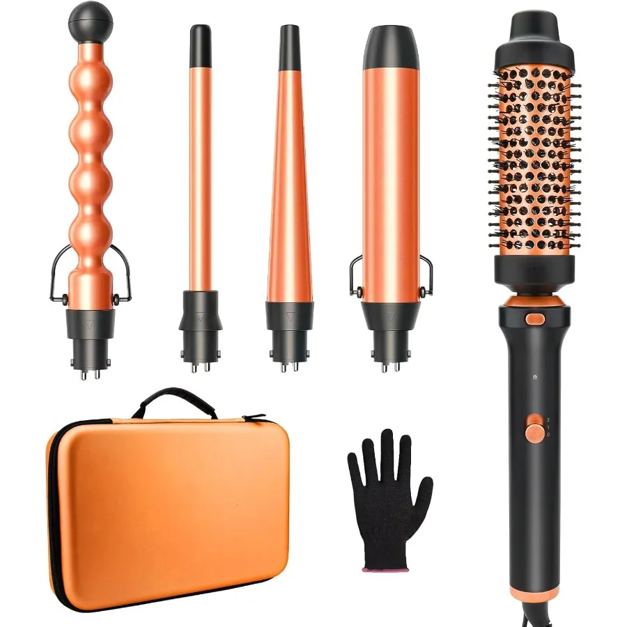 

5 in 1 Hair Curling Irons with Ceramic Barrel 0.5 to 1.25 Inch Thermal Brush Heat Protective Glove 2 Clips Dual Voltage Black