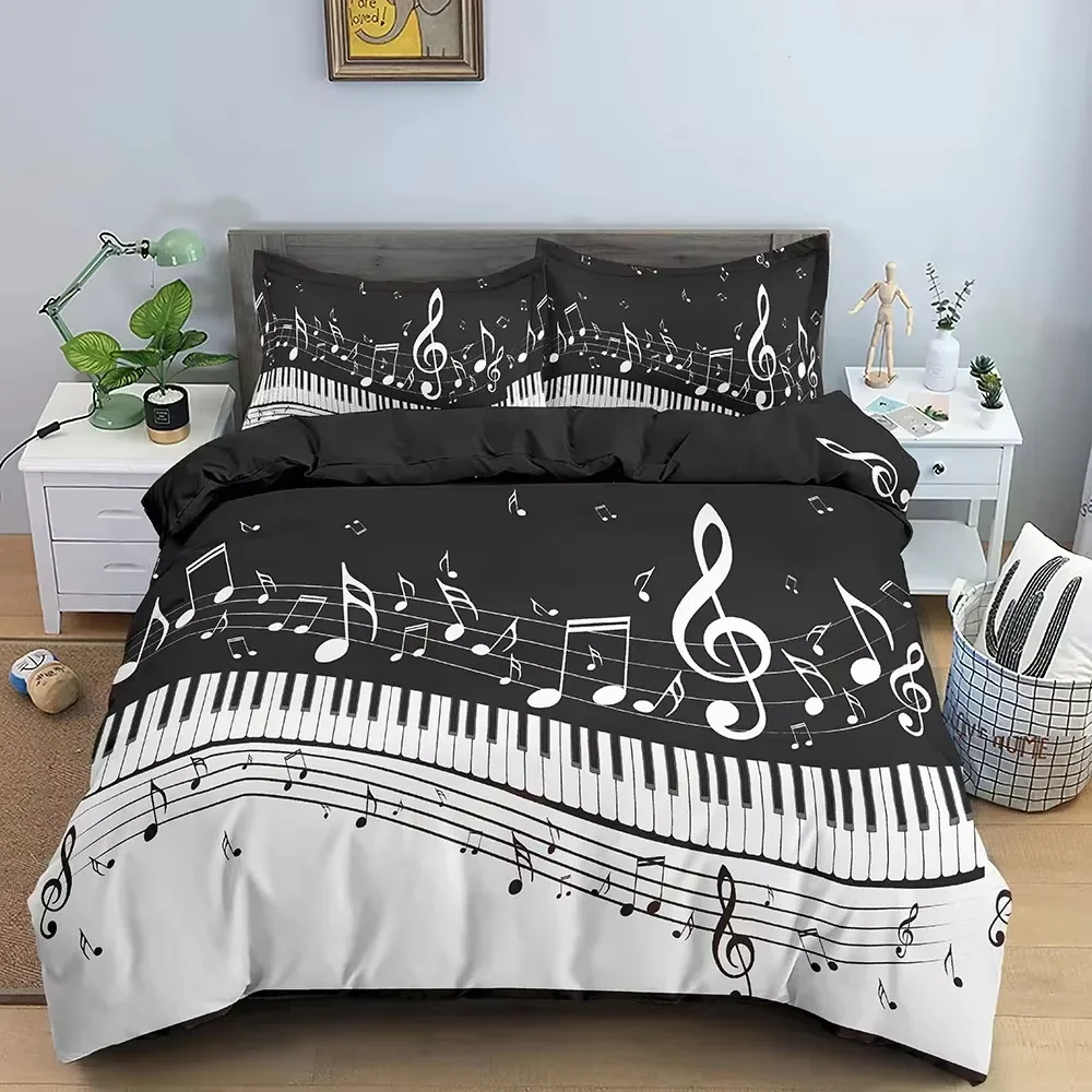 Music Notes Duvet Cover For Boys,Girls Room Decor Rock Music Themed Comforter Cover Musical Pattern Bedding Set Full Queen Size