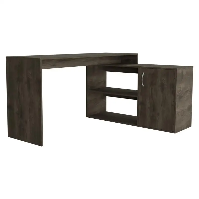 L-Shaped 2-Shelf Writing Desk, Dark Brown Wood Finish, Modern Design for Home Office