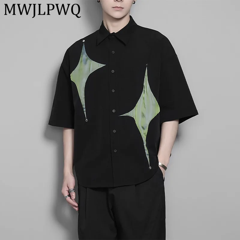 

MWJLPWQ Black Short Sleeve Shirt Green Star Patch Rivet Decor Oversized Minimalist Street Top Mens Daily Urban Casual Wear 16754
