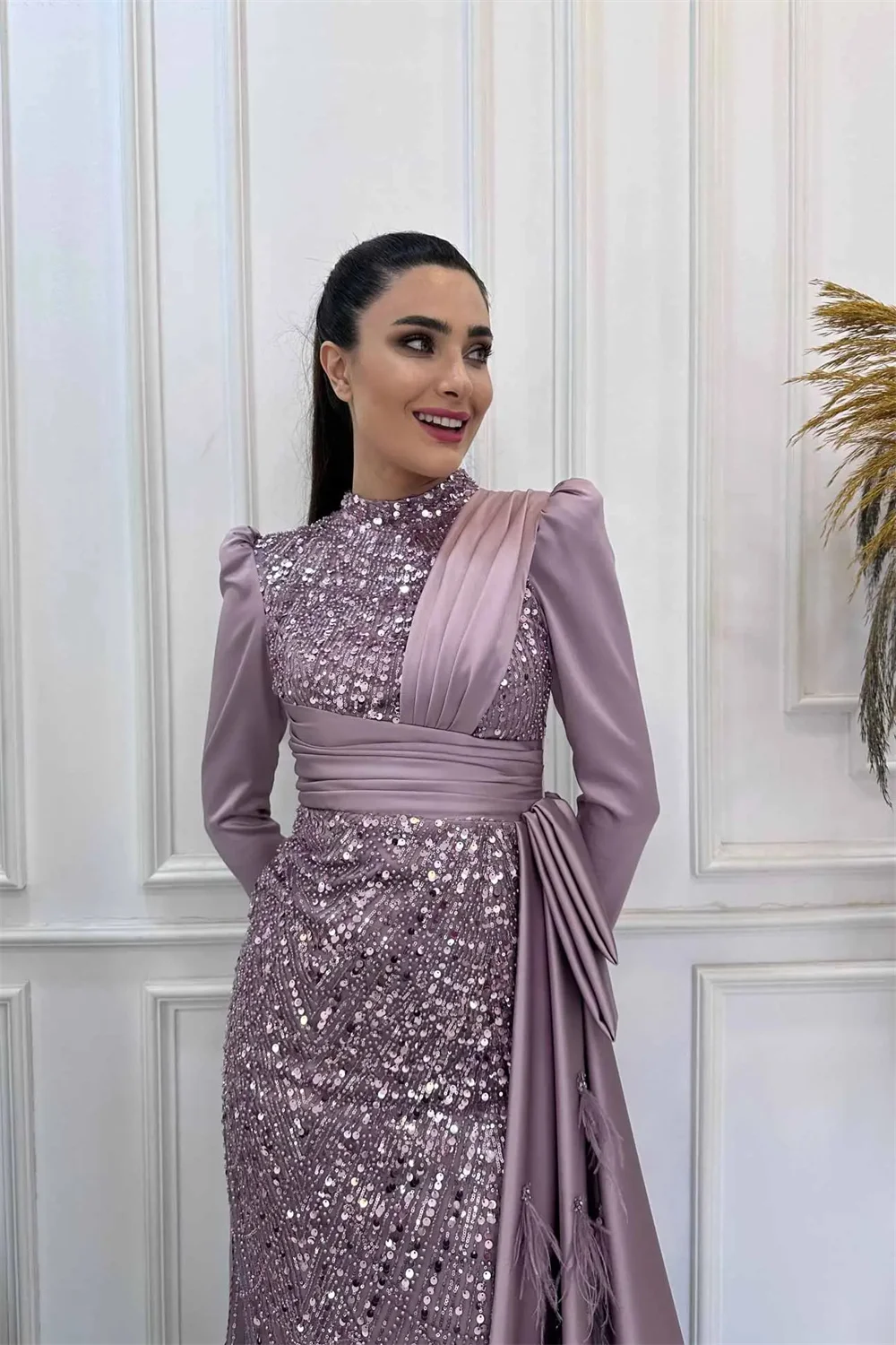 Amanda Modest manica lunga muslimagnaws cattero lussuoso raso viola Vestidos De Fiesta paillettes eleganti abiti Porm collo alto 2024