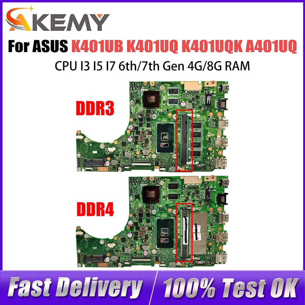 K401UB Laptop Motherboard For ASUS K401UQ A401U K401UQK A401UQ V401UQ V400U Mainboard 4G/8G RAM I3 I5 I7 6th/7th Gen V2G DDR4