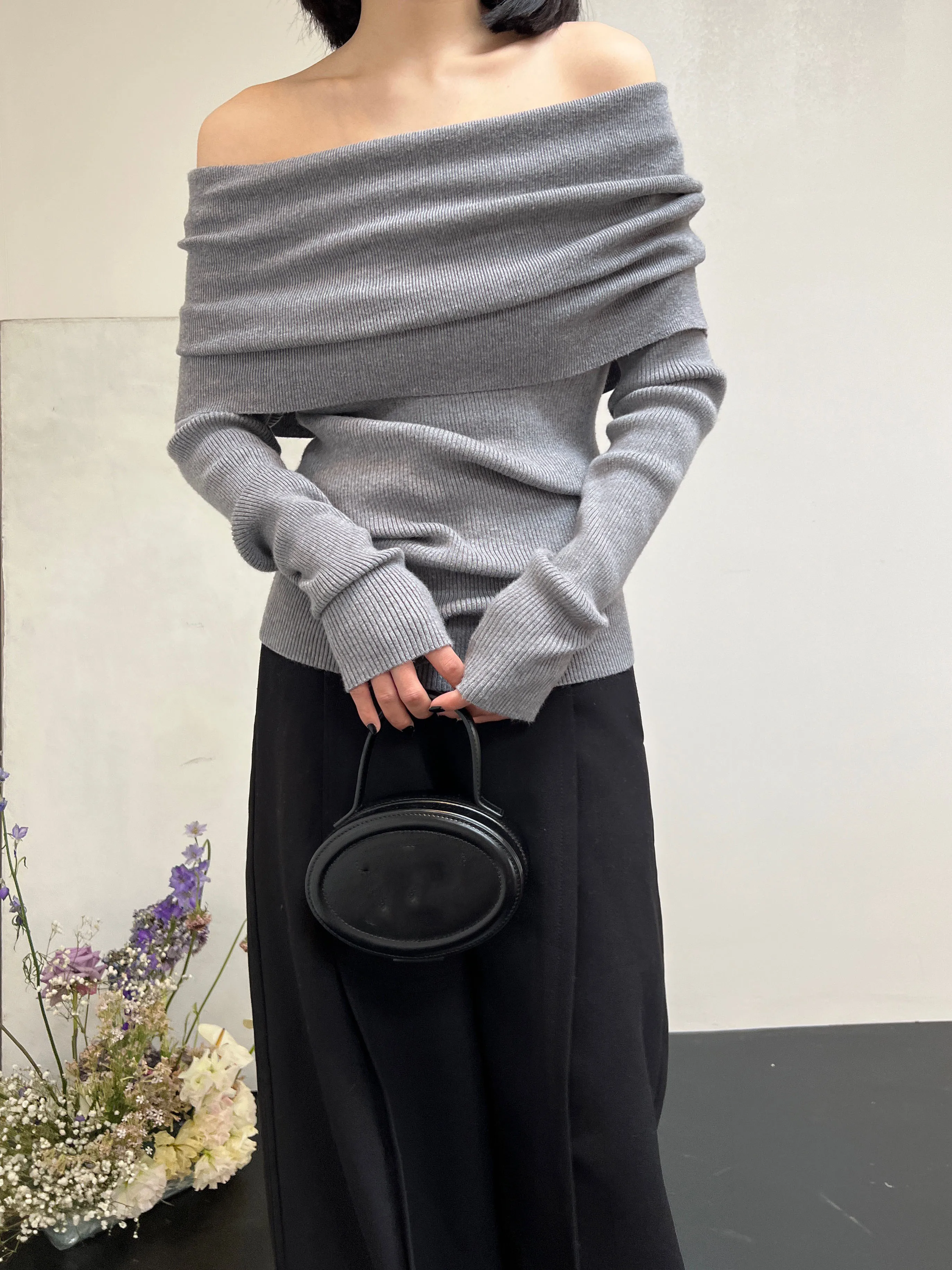 Spring Autumn Off Shoulder Women Sweaters Elegant Vintage Knitted Solid Jumper High Stretch Top C-038
