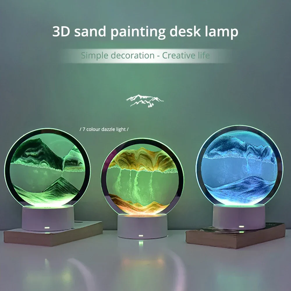 LED areia movediça pintura abajur, 3D movendo arte imagem, redondo vidro luz da noite ampulheta, cabeceira decoração para casa acessórios