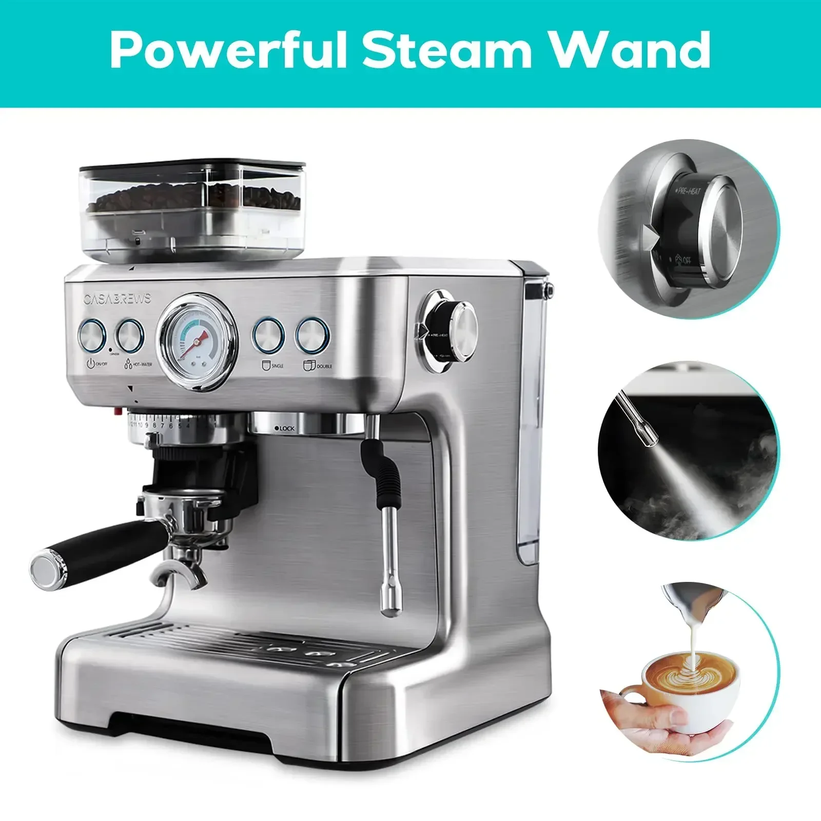 CASABREWS Espresso Machine With Grinder, Professional Espresso Maker With Milk Frother Steam Wand, Barista Latte Machine With Re