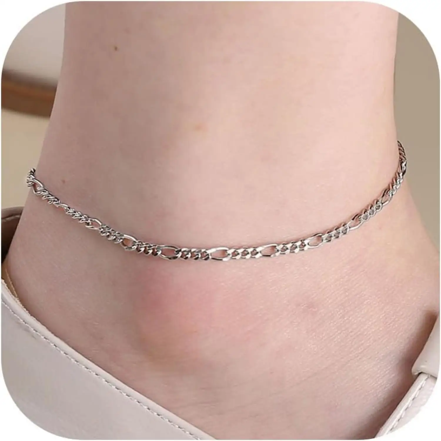 Fansilver S925 Sterling Silver Ankle Bracelet for Women 18K White Gold Plated Bracelets Durable Ajustable Ankle Bracelet