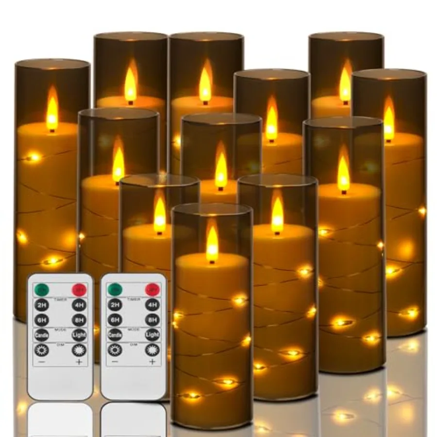 

Grey Flameless Candles with String Lights Battery Operated LED Pillar Candles 5'' 6'' 7'' 8'' Candle with Remote ControlFake Ca