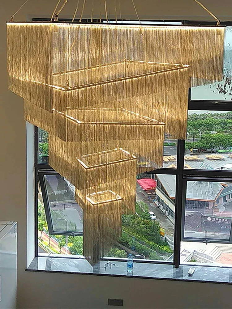 Modern Luxurious Led Square Chandelier Gold/Silver Hanging Lamp For High Ceiling Living Room Lobby Staircase Large Chandeliers