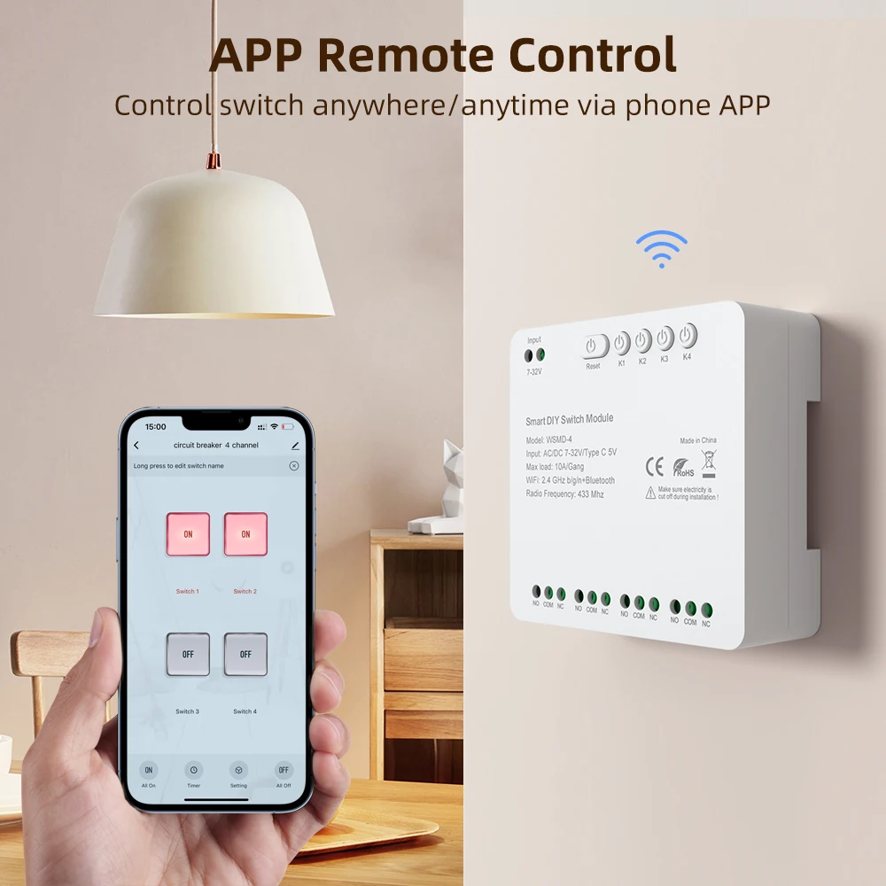AVATTO Smart 4 canales WiFi contacto seco inalámbrico 7-32V/85-250V módulo de interruptor de relé, Control de aplicación remota, funciona para Alexa Google Home