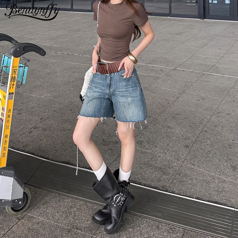 Benuynffy American Retro Low Waist Do Old Denim Shorts Women's Summer 2025 New Fashion Street Style Casual Raw Hem Jean Shorts
