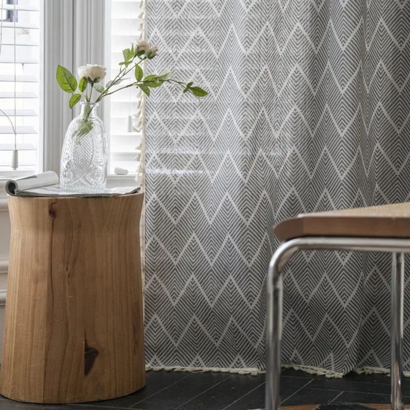 

Cotton Linen Grey Wave Pattern Home Window Curtain Thick Blackout Drapes Bay Window Curtains for The Living Kitchen Room
