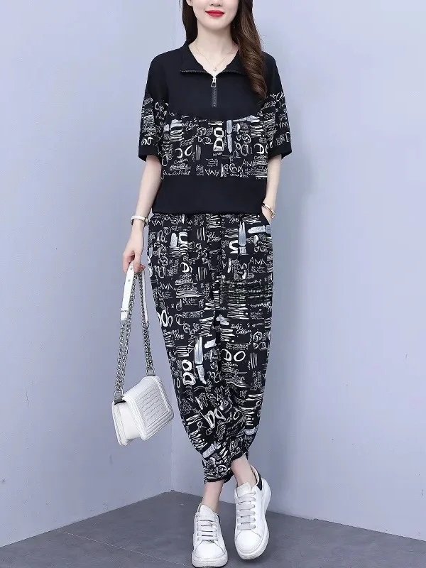 

Модный повседневный спортивный костюм большого размера для женщин: летний новый стиль, свободный крой, с коротким рукавом, антивозрастной эффект, комплект из двух предметов для мам, трендовый