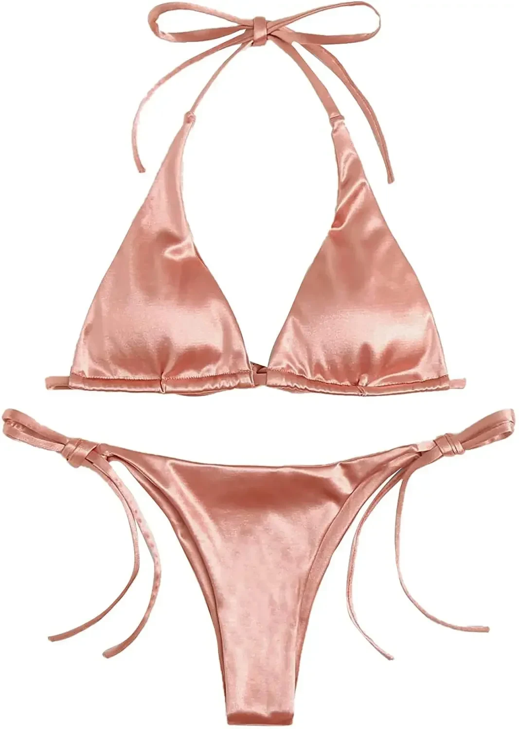 Bikini de dos piezas con cuello Halter para mujer, traje de baño liso con lazo lateral, triangular, ropa de playa