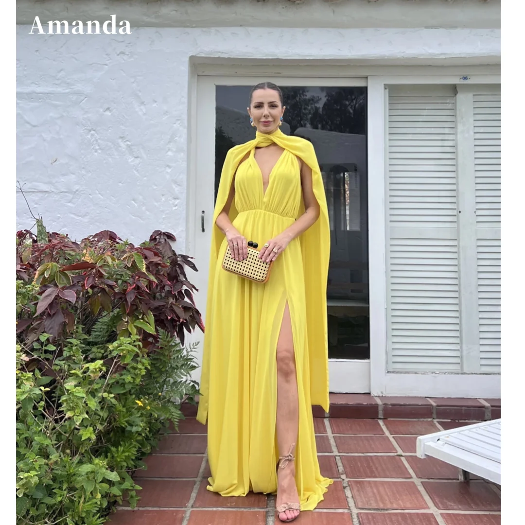 

Amanda Comfy Chiffon Cape Sleeve A-line Prom Dress Light Yellow Side Split Vestidos De Fiesta Sexy Open Back فساتين سهرة