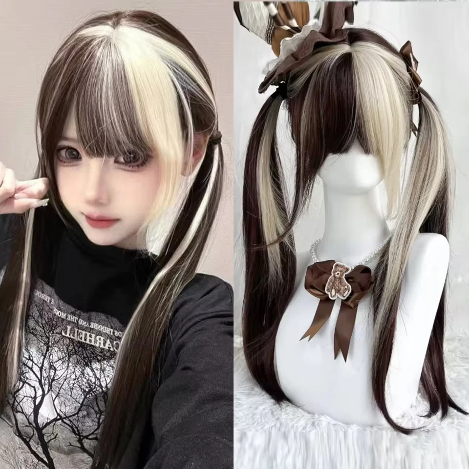Highlight White Gold Synthetic Wig for Women Long Straight Brown Gold Mix Bangs Wig Lolita Cosplay Fluffy Hair Wig for Daily Par