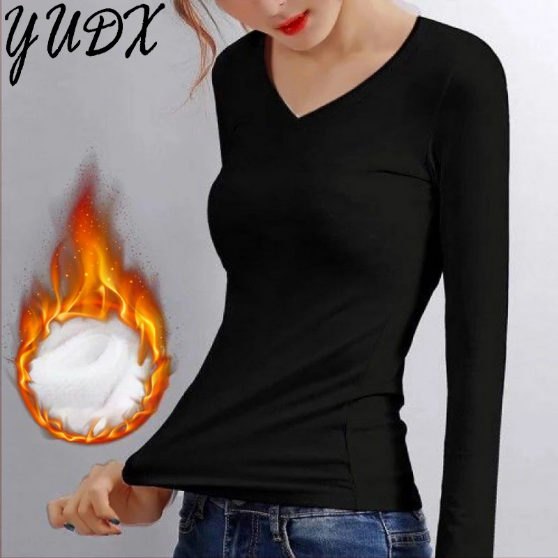 Top intimo termico per donna Solid Warm Long Intimates Winter Warm Thin Velvet Heating Fiber Thermal Top Basic t-shirt