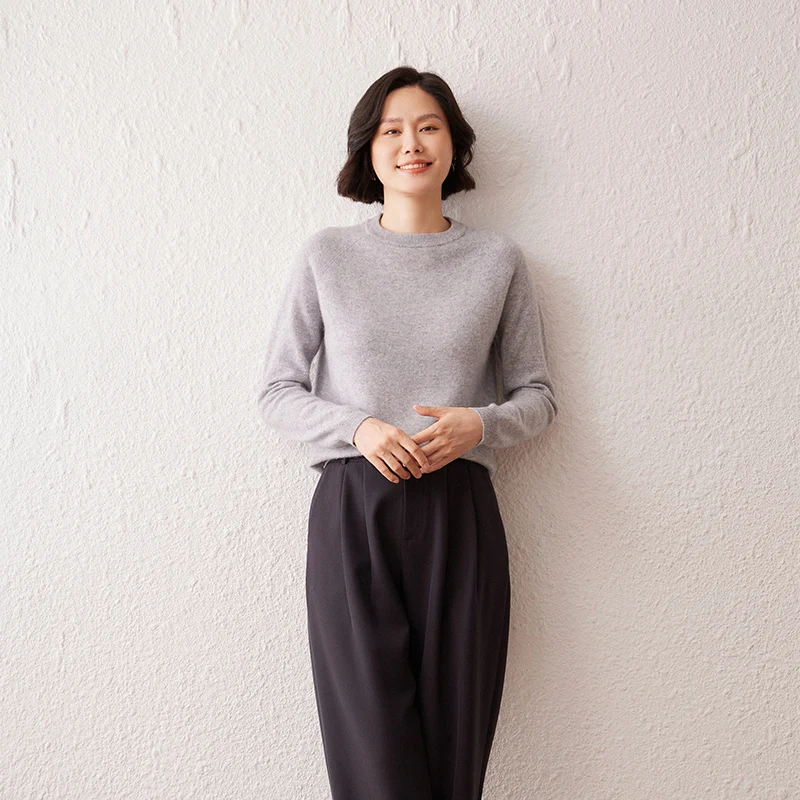 المرأة سترة الخريف/الشتاء جديد 100% الكشمير الخالص هوديي عادية بلون محبوك القمم فضفاضة الجولة الرقبة بلوزة الأساسية