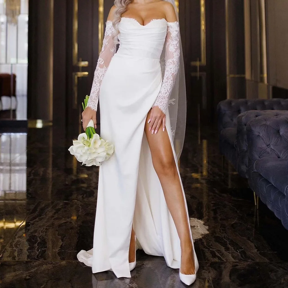 

Classic Front Slit Detachable Sleeves Pleats Lace Satin Evening Dresses Graceful A-Line Sweetheart White Party Gowns فساتين سهرة