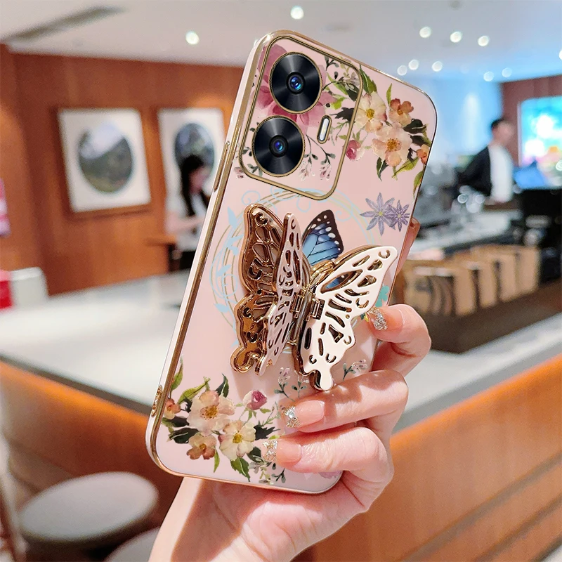 C 55 Flower Butterfly Plating Holder Phone Case For OPPO Realme C35 C53 C63 C33 C55 C67 C25Y 10Pro 12 12Pro 11Pro 10 10T Cover