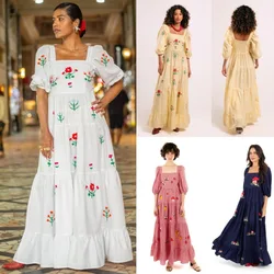 New Fashion Women Long Dress Embroidery Smocked Square Neck Elbow-Length Sleeve Backless Flowy Dresses Hot Sale S-XL