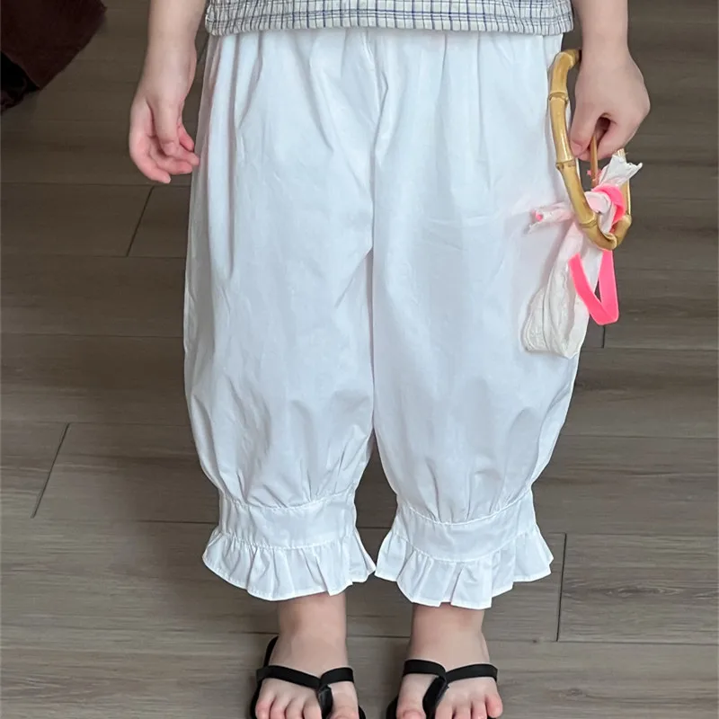 2026 New Summer Baby Girls Ruffles Lantern Pants Solid Color Korean Style Toddlers Kids Casual Trousers