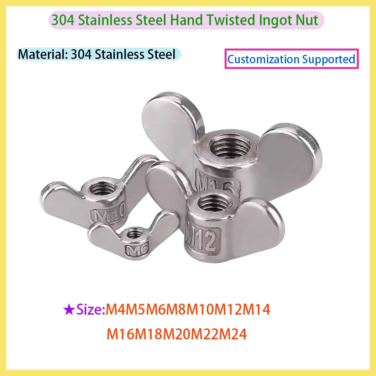 

M4M5M6-M24 304 Stainless Steel Wing Nuts Hand-Tighten Butterfly Thumb Screw Nuts |Ingot/Yuanbao Large Ear Design Claw Nut