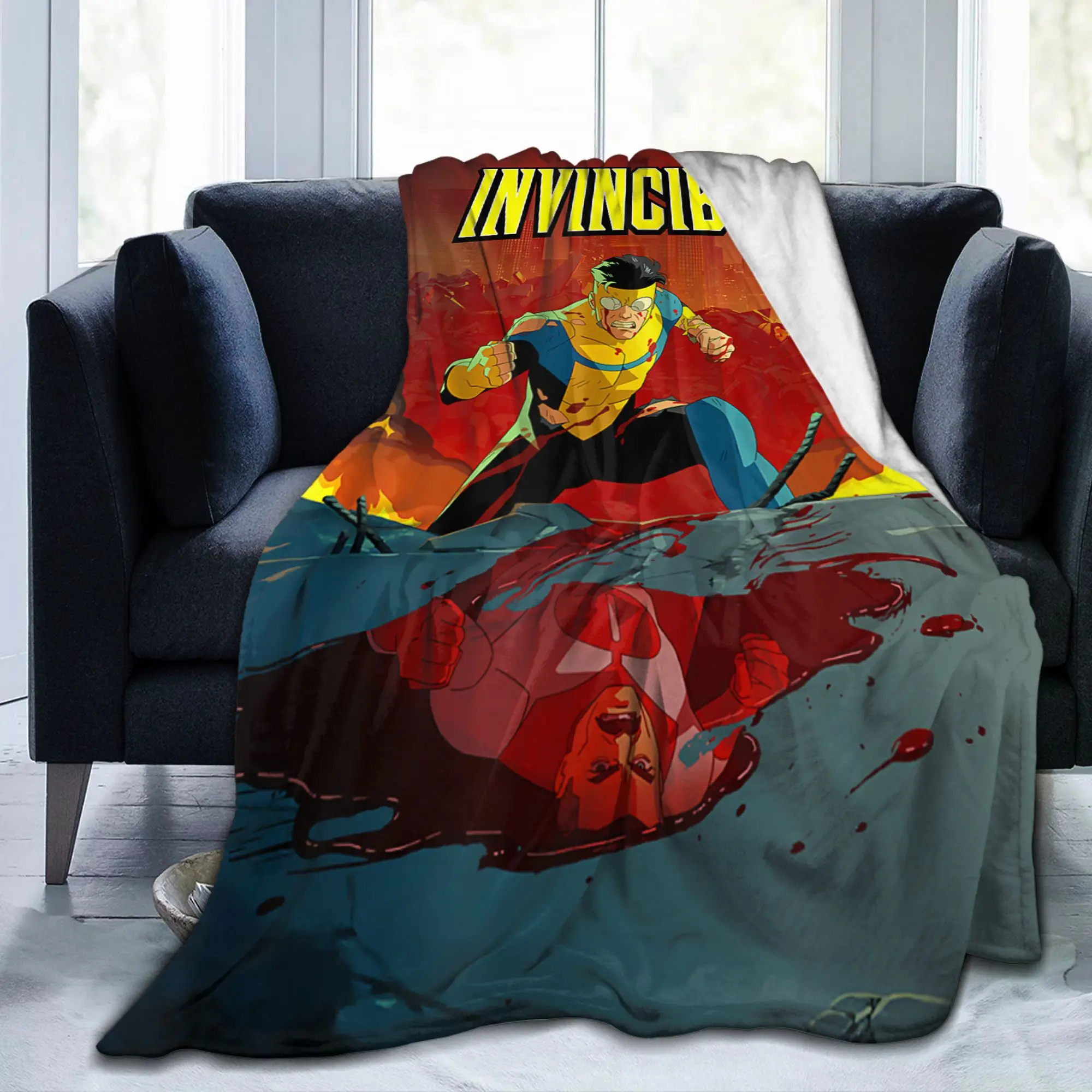 Invincible & Omni-Man Bloody Reflection Flannel Throw Blanket Anime Blanket Bedspreads Lightweight Thin Outdoor Multifunction