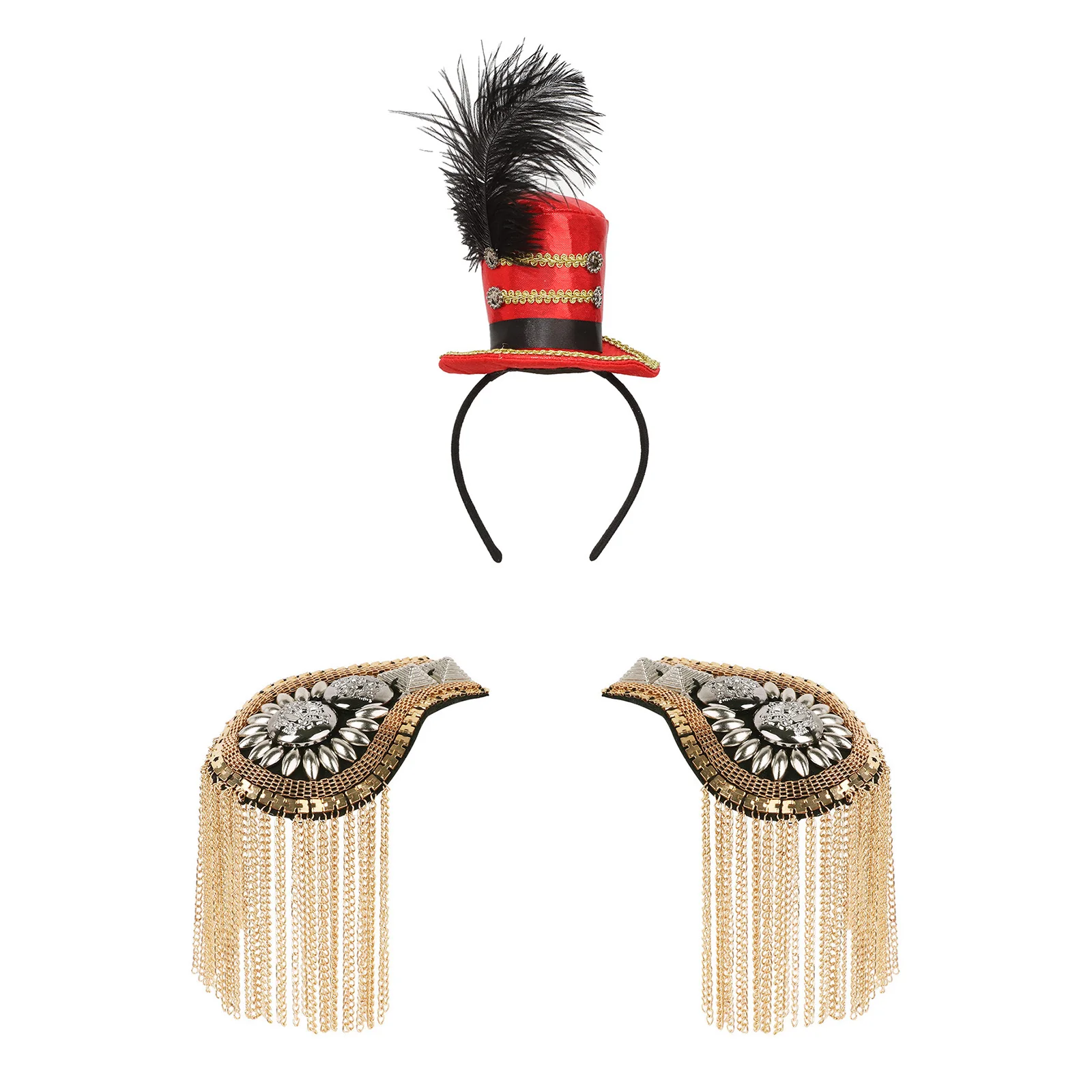 

Fascinators Headband Mini Top Hat Feather Hair Hoop Headband Tassel Shoulder Epaulet Set Ringmaster Circus Costume Accessories