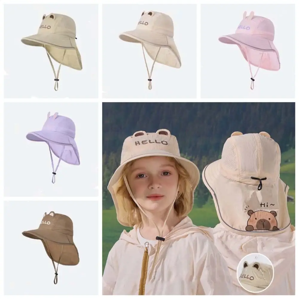 Breathable Capybara Fisherman Hat Windproof Rope Wide-Brimmed Shawl Neck Protecting Cap Lightweight Adjustable