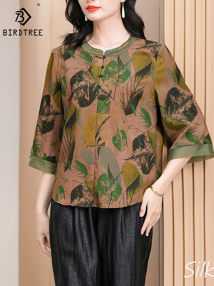 BirdTree 90%Real Silk Plus Size Shirt Women,Round Neck Retro Print,Versatile Temperament Commute Blouse,2024 Spring T42355QD