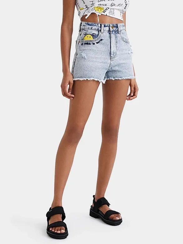 Foreign trade original order Spain D new women's denim shorts with smiling face print summer retro ground white super shorts