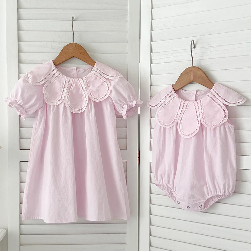 2024 Summer Infant Clothes Sister Look Pink Lace Embroidery Baby Girl Petal Collar Romper Elegant Princess Birthday Party Dress