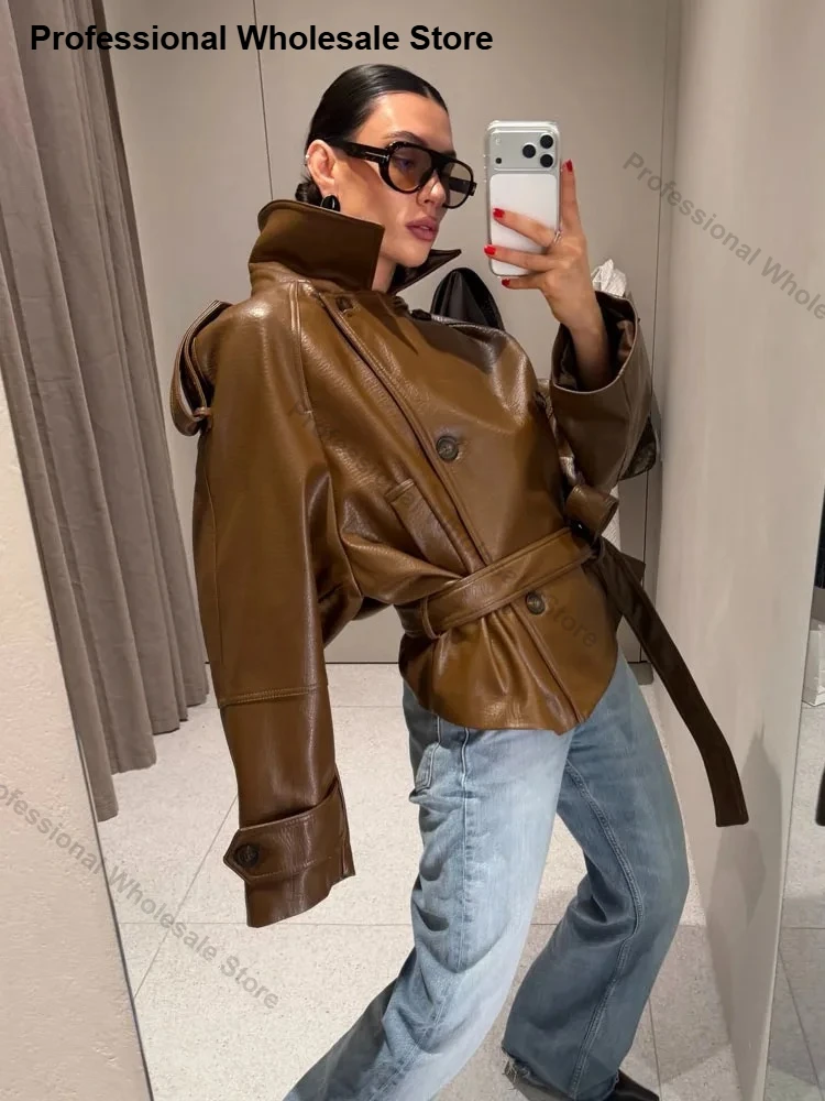 Womens Faux Leather Blazer Open Front PU Leather Jacket Brown Leatherette Coat Y2k Women's Fashion Multi Pocket Y2K Vintage Coat