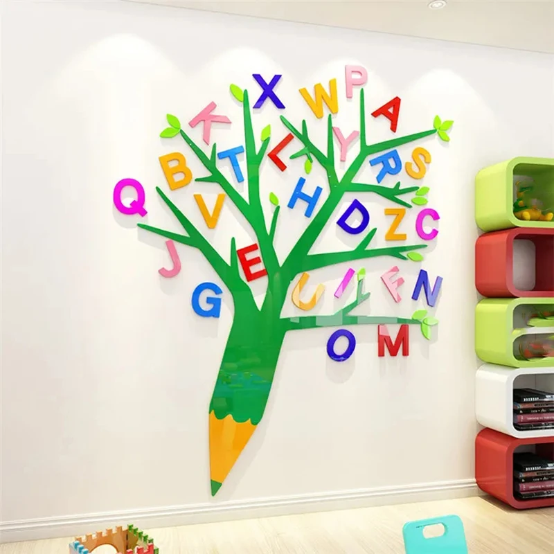 Painting Alphabet Tree Wall Sticker Kindergarten Classroom Decoration Wall Stickers Children Room 3D Acrylic Wall Sticker