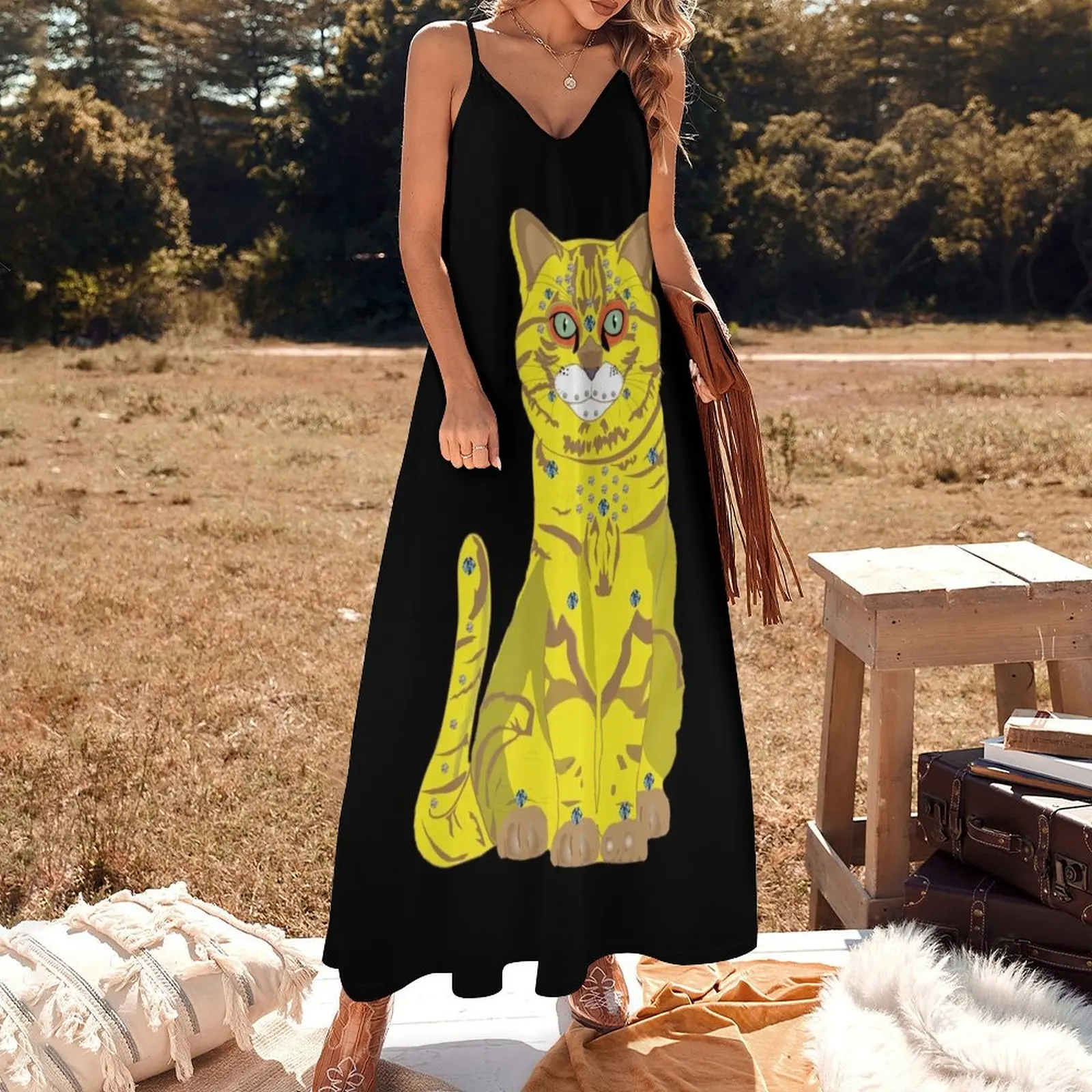 65 MCMLXV Bejeweled Yellow Disco Cat Print Sleeveless Long Dress luxury dresses loose women's dress Long veiled dresses Dress