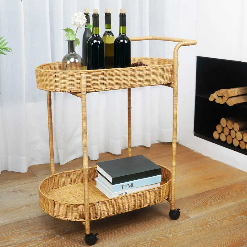 Double-layer rattan rack, wine cart, tea cart, cake cart, mobile trolley, hotel linen cart