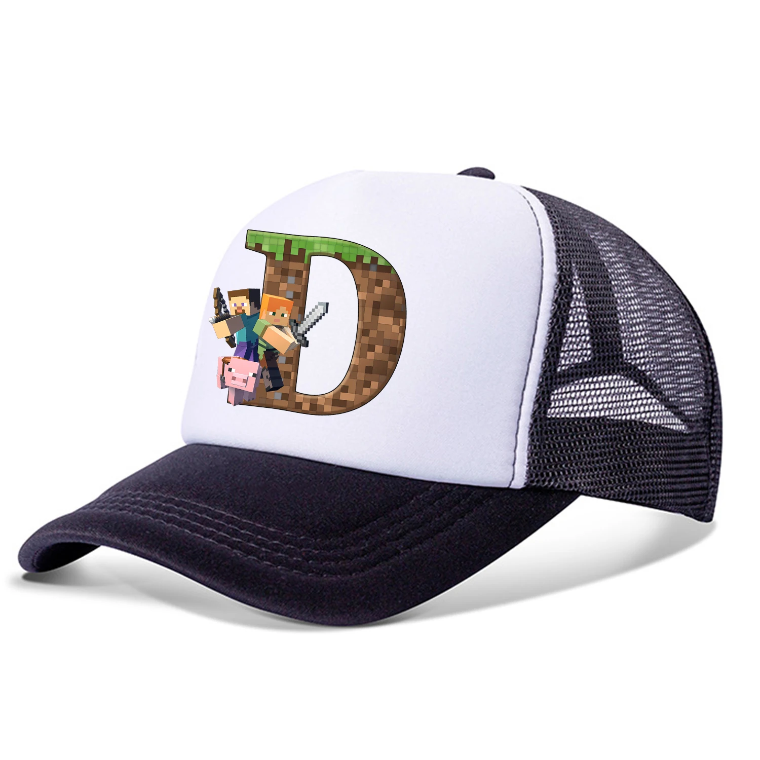جديد بكسل لعبة بلغت ذروتها قبعة الكرتون A-Z رسالة قبعات البيسبول السوداء موضة الصيف تنفس قبعة من القماش الشبكي الوالدين والطفل القبعات Peacoat