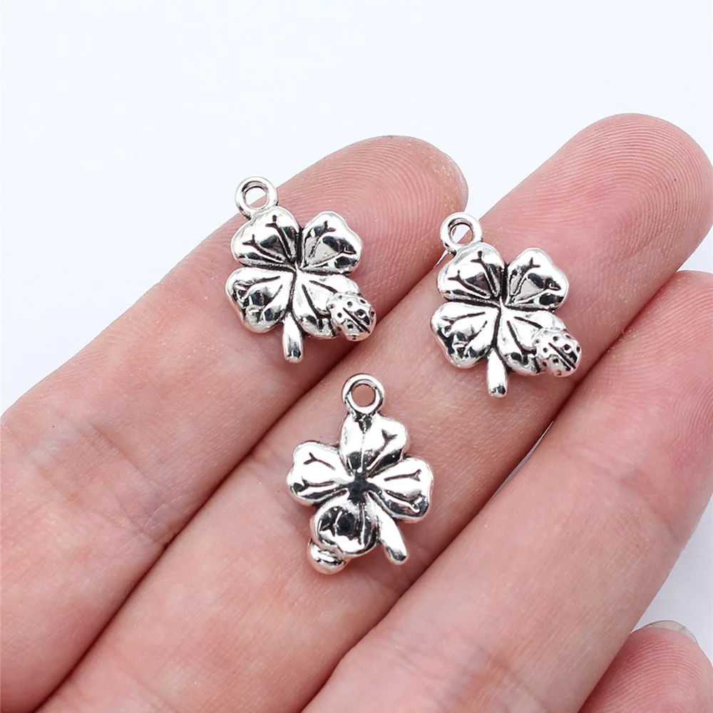 20pcs/lot 17x12mm Ladybug Clover Charms For Jewelry Making Antique Silver Color 0.67x0.47inch