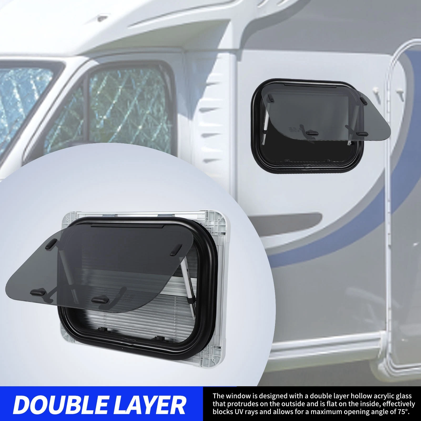 

Window Anti Oxidation Stable Support Waterproof RV Side Window Tempered Glass with Support Rods for Trailer