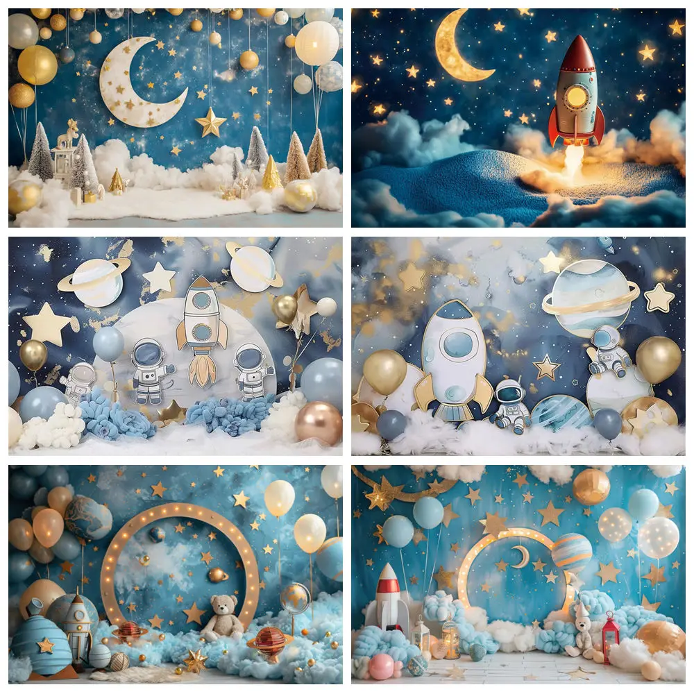 

Astronaut Theme Photography Backdrop Space Universe Balloons Rocket Galaxy Planet Moon Boy First Birthday Photo Background Decor