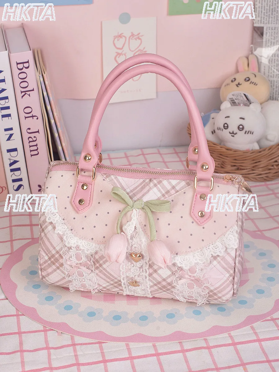 Japanese Sweet Fashion Elegant Plaid Polka Dot Handbag Bag Summer Large Capacity Lace Bow Cute Kawaii Lolita Cosmetic Bags Women