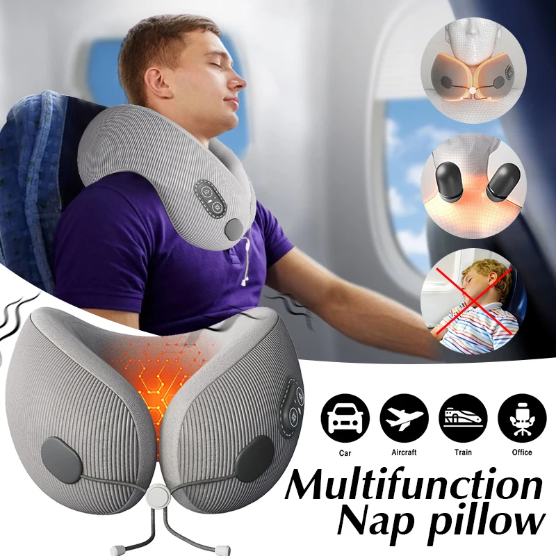 Portable Heated-Massage Neck Pillow Multifunction Memory Foam Ergonomic Soft Comfortable Neck Pillow for Home Travel Office Nap