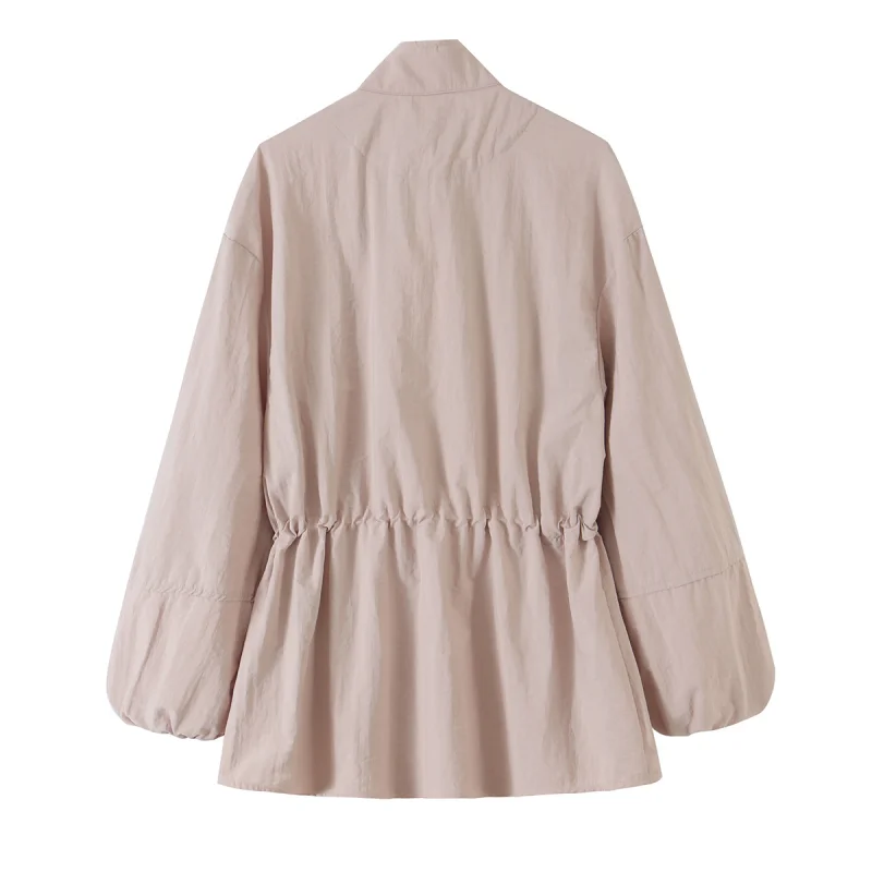 2026 Autumn Chic Pink Stand Collar Zippered Coat For Women Elastic Drawstring Waist Cuff Design Fashion Casual Outer Jackets