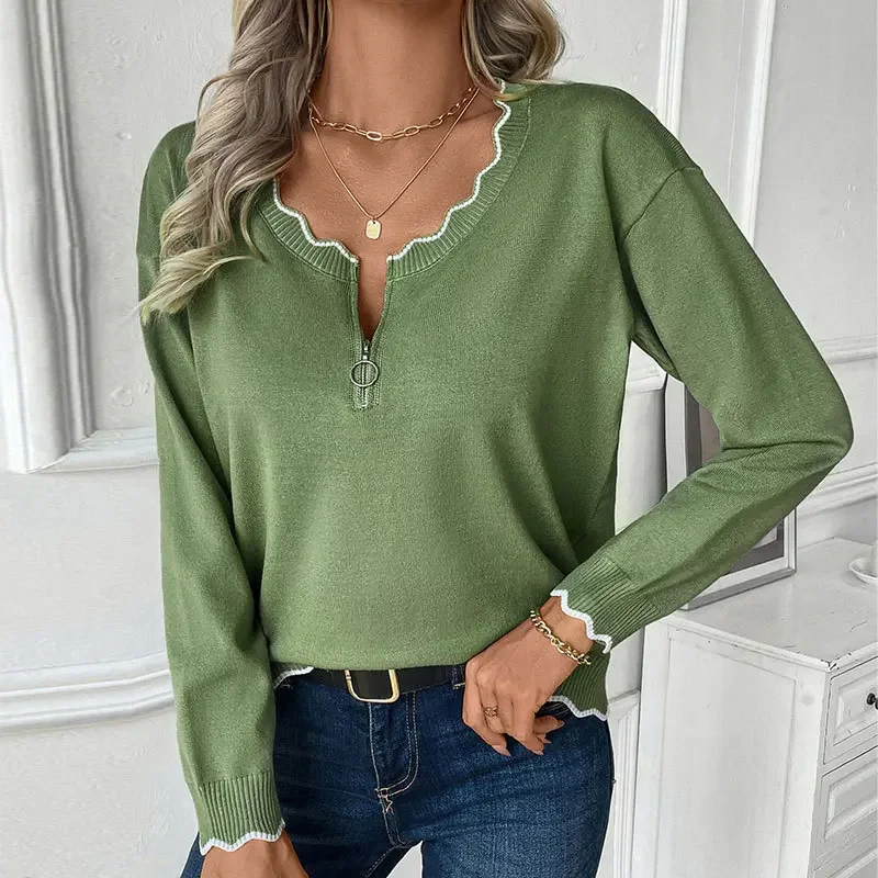 

Edge Knitted Sweater Round Neck Long Sleeve Autumn Jumpers Sweaters Women Winter Zipper Contrasting Casual Pullover Sweater