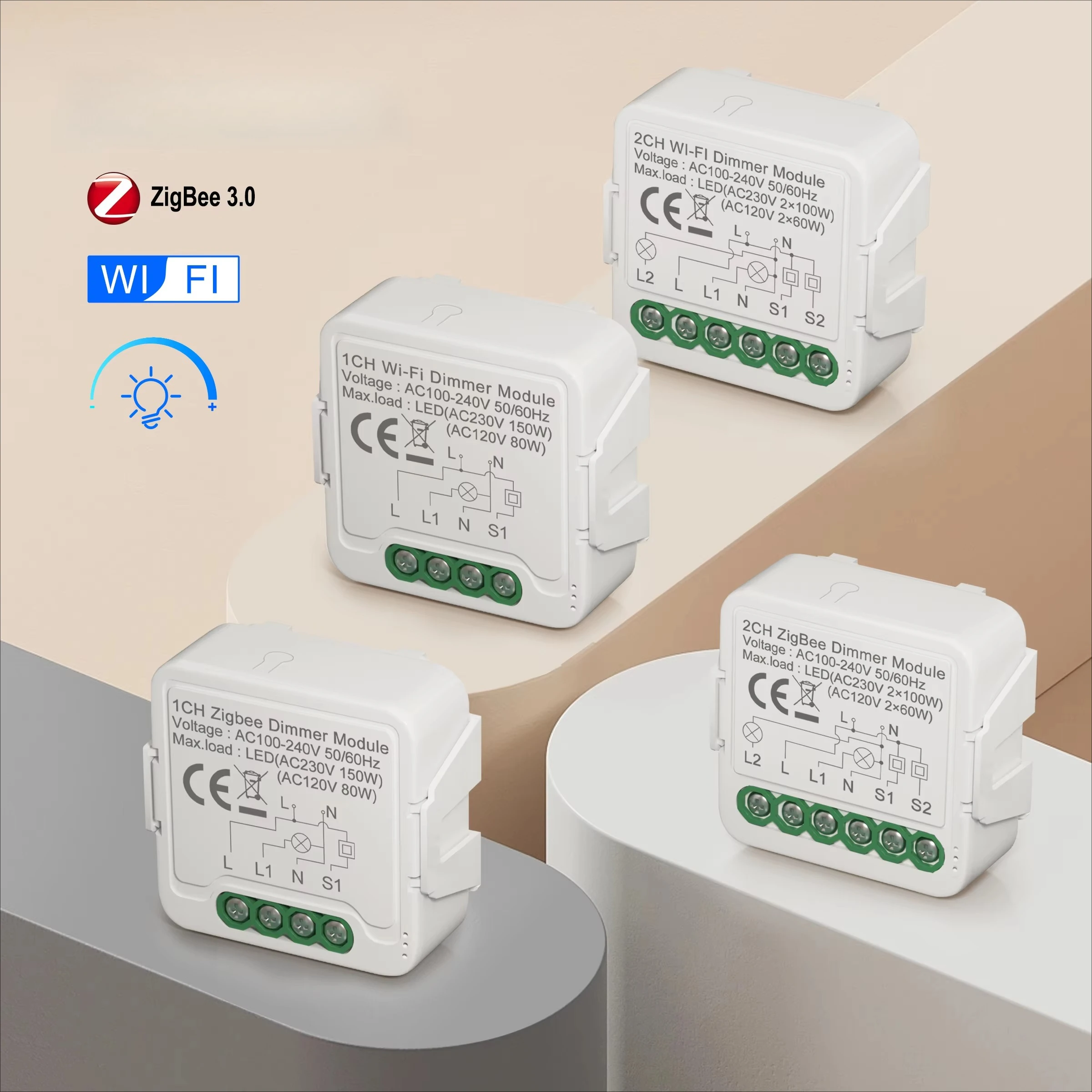 5pcs1/2 Gang Wireless Connectivity Zigbee Breaker Relay Smart Light Dimmer Switch Module Device Works With Alexa Google Home