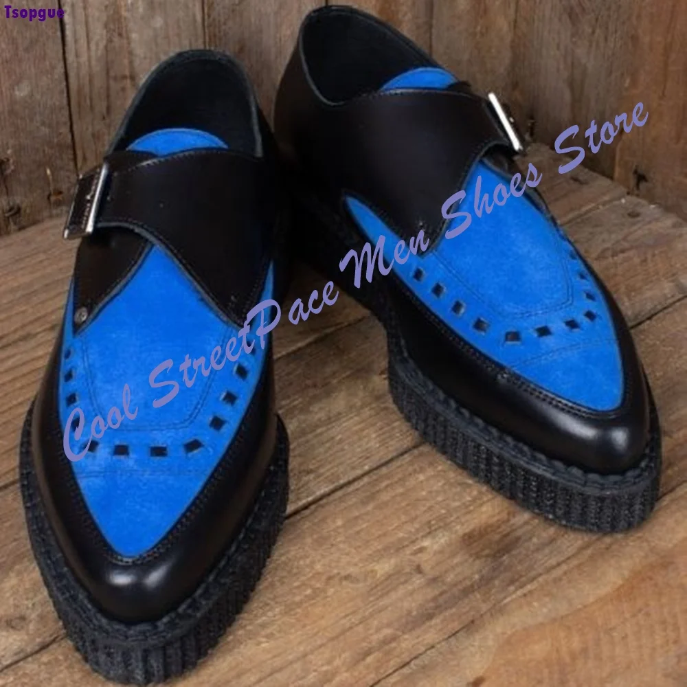Men Punk Black Blue Platform Men Dress Shoes Suede Patchwork Buckle Strap Gothic Streetwear Footwear 2026 Runway Style New